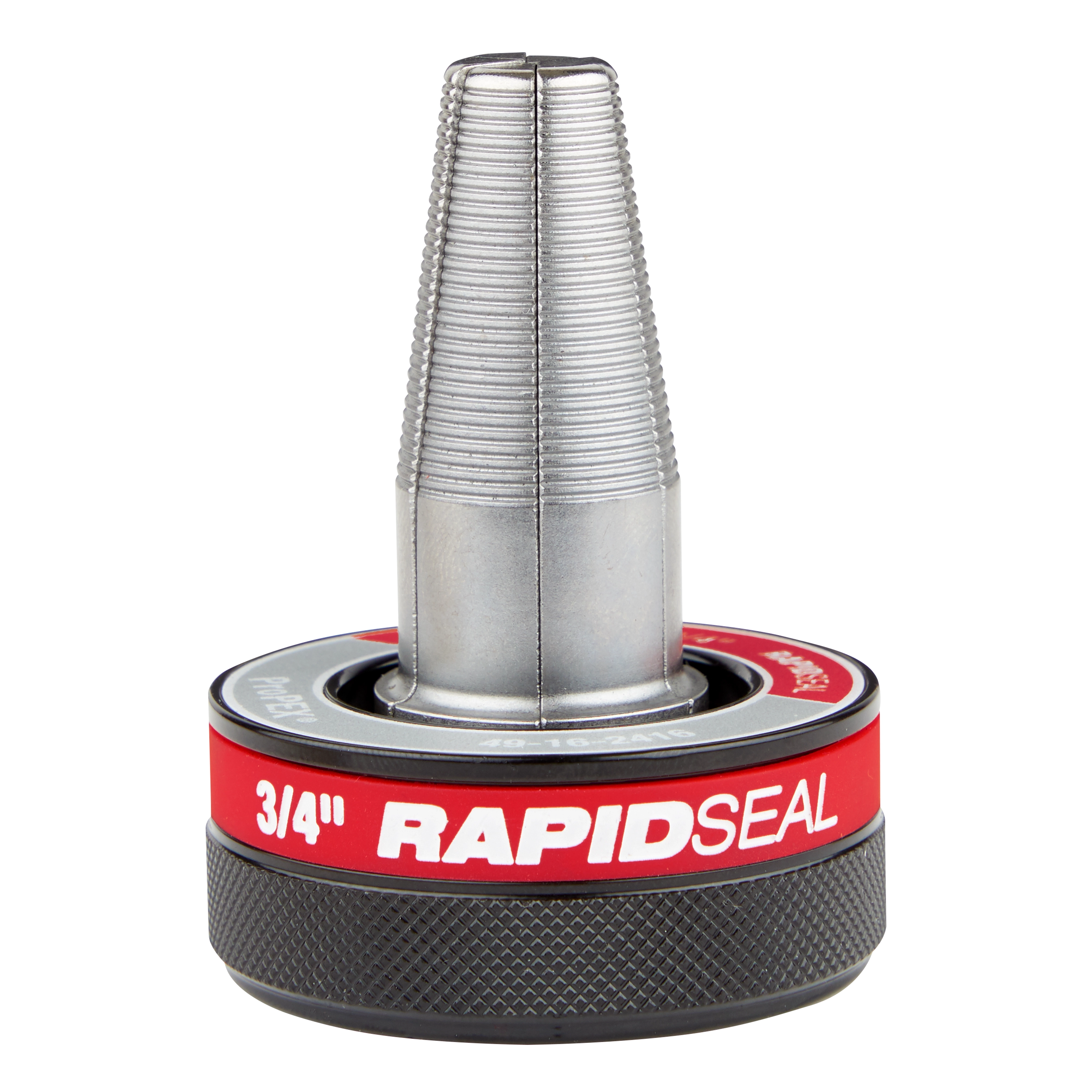 The ProPEX® Expander Head with RAPID SEAL™, 3/4" is a metal tool accessory with a tapered, grooved extension and a black textured grip. The red band near the base features the text "3/4" RAPID SEAL."