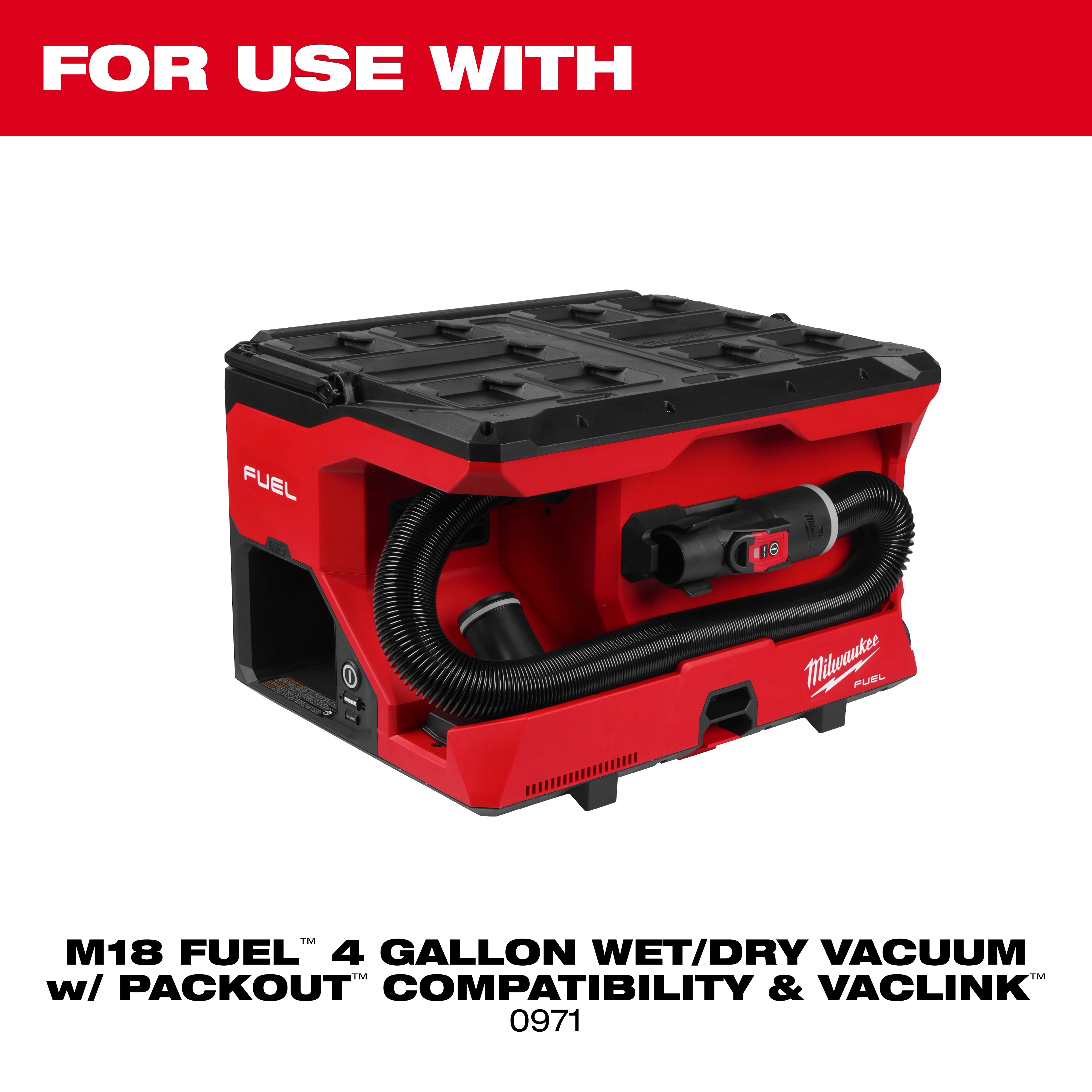 Fleece Dust Bags (3 PK) compatible with a red M18 Fuel 4 gallon wet/dry vacuum shown with hose stored on the front.
