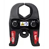 M18 1 1/2" Jaw crimping tool head with black and red design, safety symbols, and connection points for secure attachment.