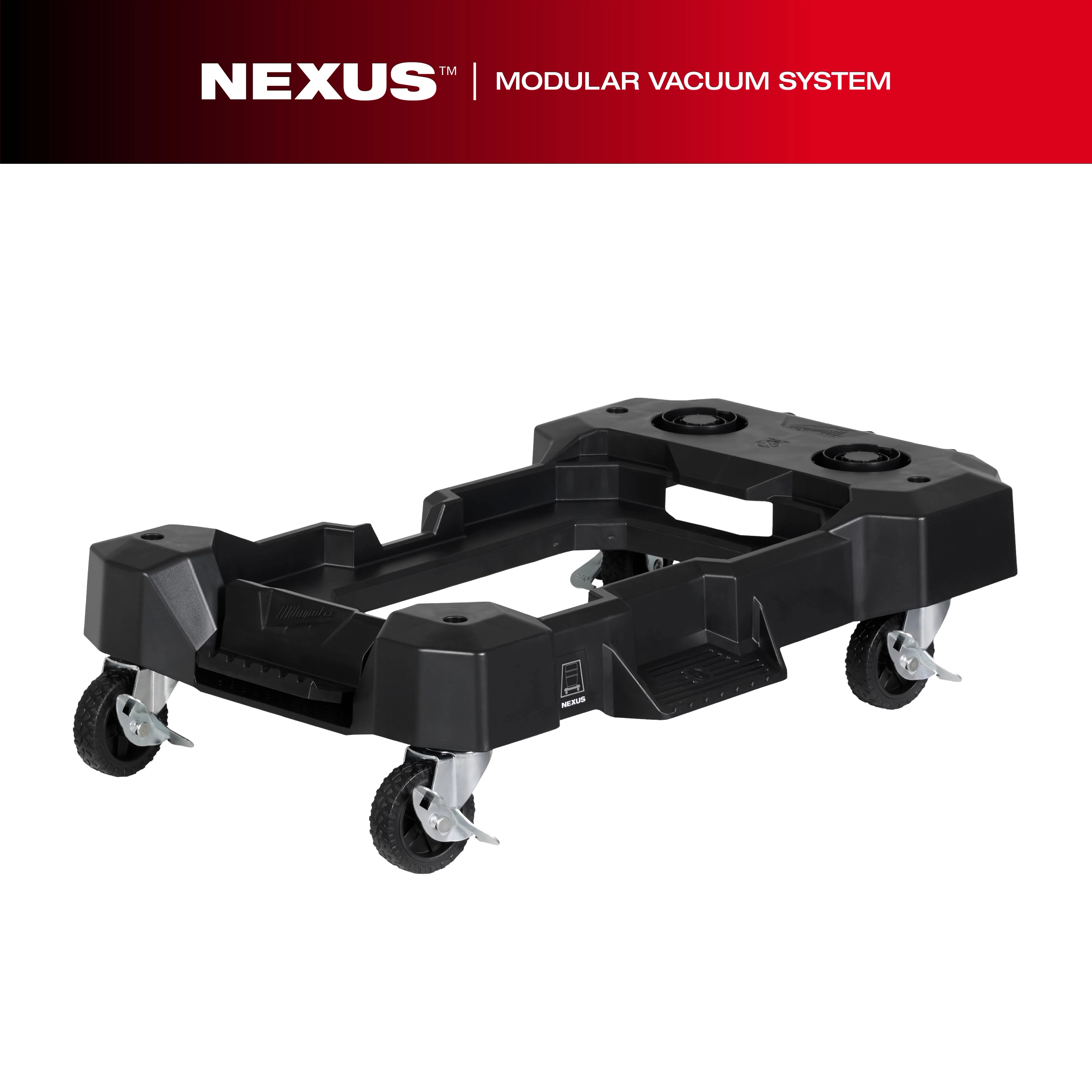 The NEXUS™ Wet/Dry Vacuum Cart features a sturdy black frame with four swivel casters for mobility. The cart includes slots and compartments for organizing tools and accessories as part of the modular vacuum system.