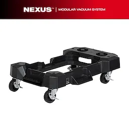 The NEXUS™ Wet/Dry Vacuum Cart features a sturdy black frame with four swivel casters for mobility. The cart includes slots and compartments for organizing tools and accessories as part of the modular vacuum system.