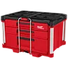 Red PACKOUT MULTI-DEPTH 3-DRAWER TOOL BOX with a black top, silver handles, and three spacious drawers for tool storage.