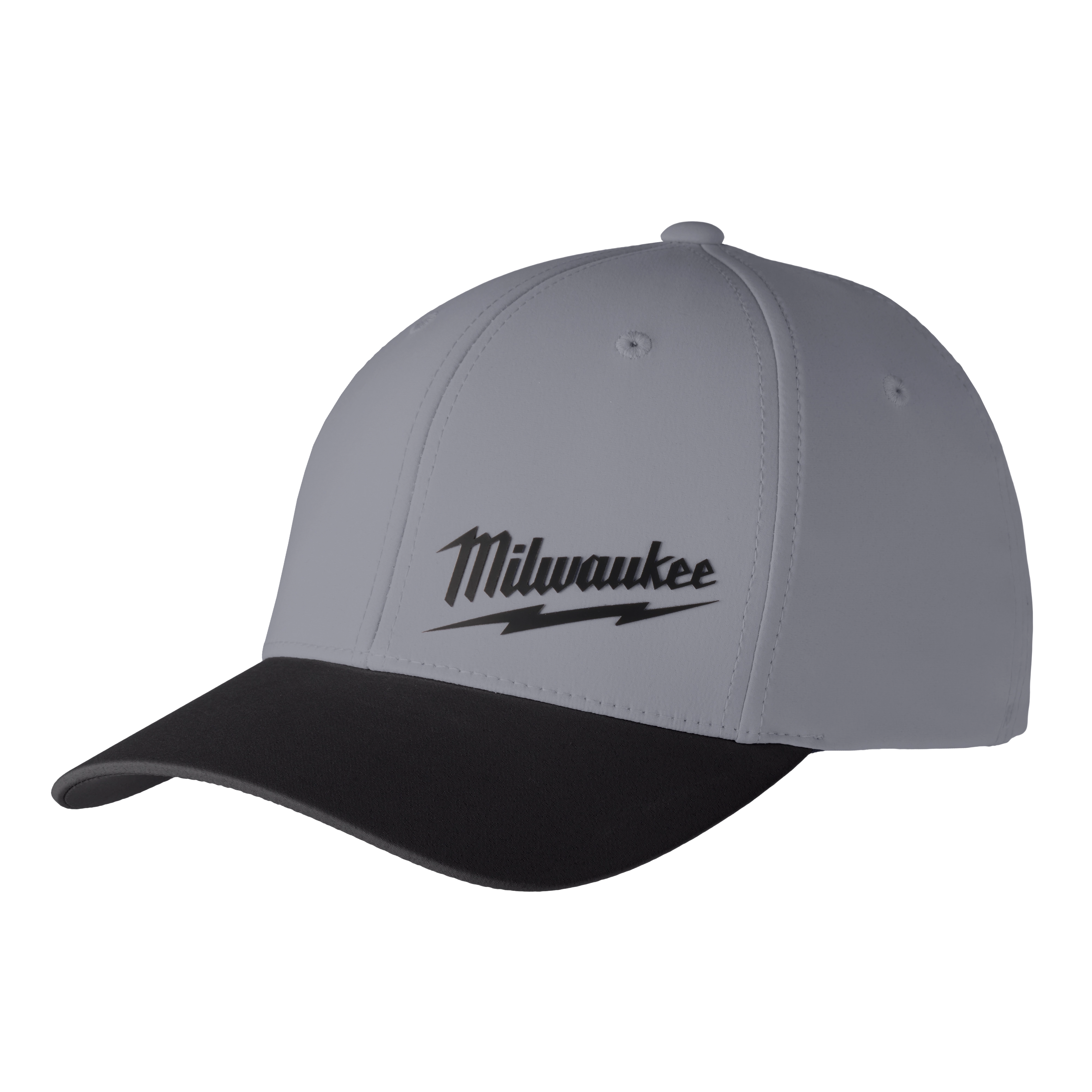 WORKSKIN Performance Fitted Hat is gray with a black brim and features the Milwaukee logo in black on the front.