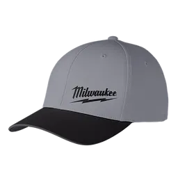 WORKSKIN Performance Fitted Hat is gray with a black brim and features the Milwaukee logo in black on the front.