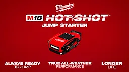 The video shows an M18™ HOTSHOT™ Jump Starter, a red portable device with black and copper clamps attached. It features a prominent Milwaukee® logo, an LED light on the front, and several indicator icons and buttons on the top.