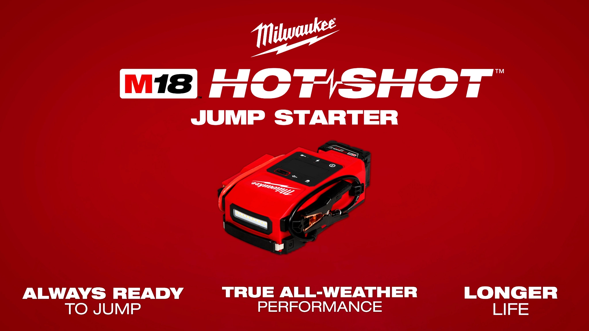 The video shows an M18™ HOTSHOT™ Jump Starter, a red portable device with black and copper clamps attached. It features a prominent Milwaukee® logo, an LED light on the front, and several indicator icons and buttons on the top.