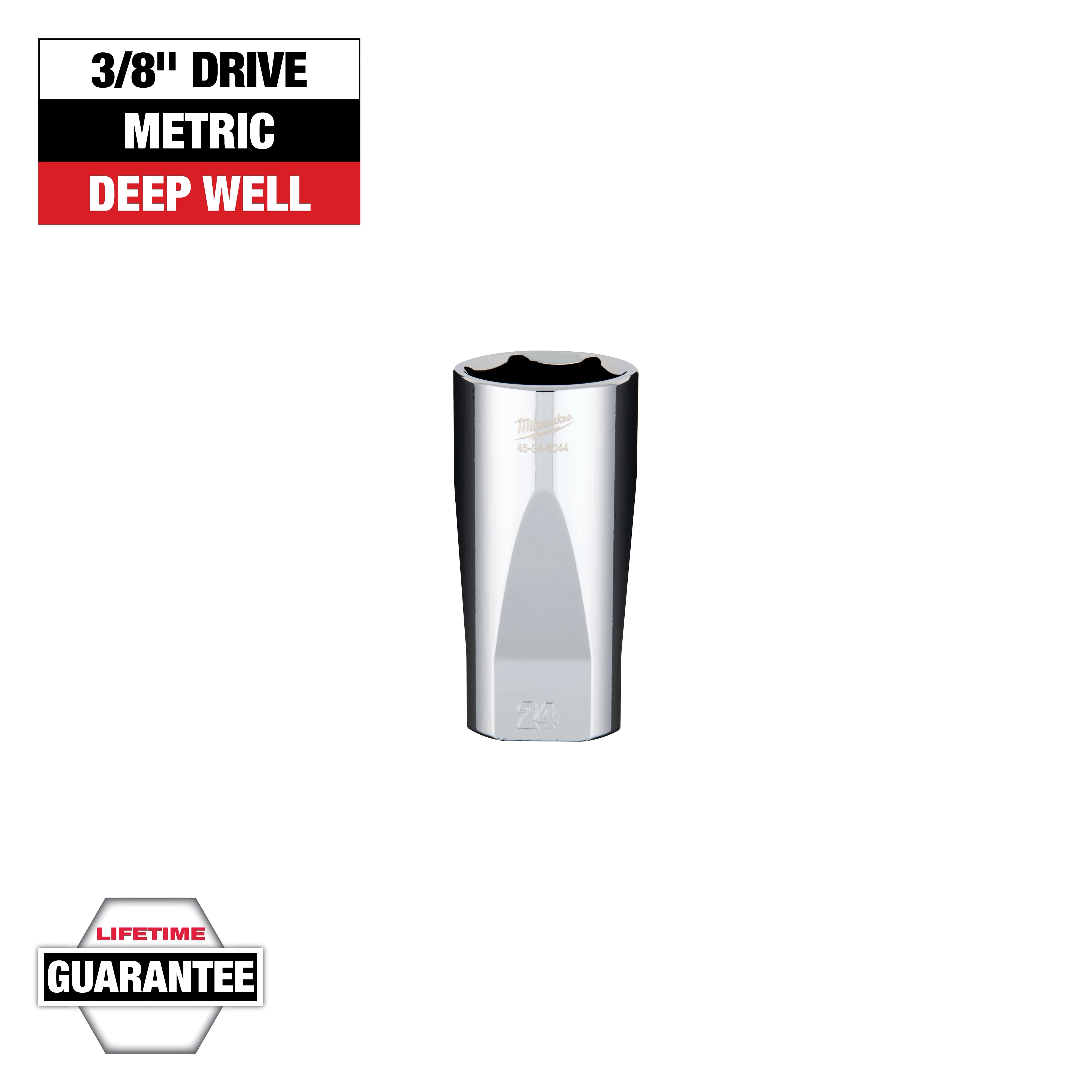 This image shows a 3/8" drive deep well metric socket, size 24mm, made by Milwaukee. The top left displays "3/8'' Drive METRIC DEEP WELL" in black, white, and red. The bottom left corner includes a "LIFETIME GUARANTEE" label. The socket is chrome finished.