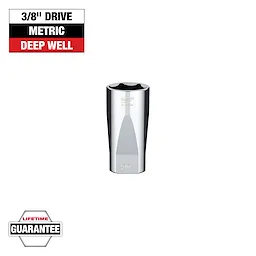 This image shows a 3/8" drive deep well metric socket, size 24mm, made by Milwaukee. The top left displays "3/8'' Drive METRIC DEEP WELL" in black, white, and red. The bottom left corner includes a "LIFETIME GUARANTEE" label. The socket is chrome finished.