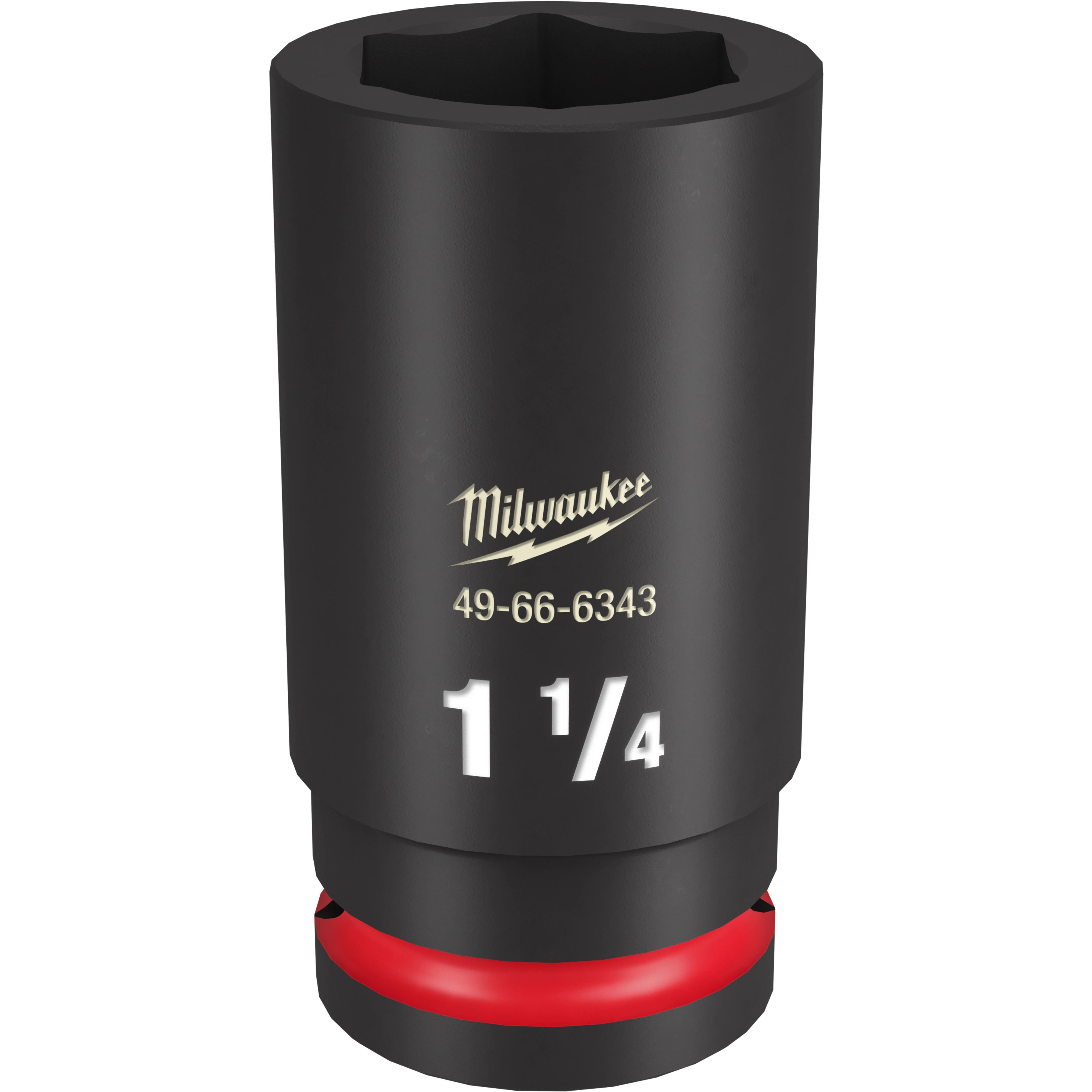 The 3/4 DR 1-1/4 DEEP IMPACT SOCKET is a black socket tool with a 1-1/4 inch opening. It features the brand name, part number 49-66-6343, and has a red ring near the base for easy identification.