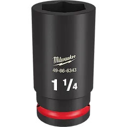 The 3/4 DR 1-1/4 DEEP IMPACT SOCKET is a black socket tool with a 1-1/4 inch opening. It features the brand name, part number 49-66-6343, and has a red ring near the base for easy identification.