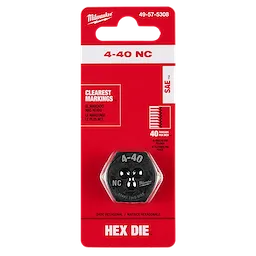 Milwaukee 4-40 NC 1-Inch Hex Threading Die in red packaging with clear markings, 40 threads per inch, SAE standard.