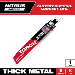 The Nitrus Carbide Torch is a 6-inch saw blade for cutting cast iron and thick metal. It features an American flag, "8 TPI", and the brand logo. The packaging highlights "fastest cutting" and "longest life." The blade is presented in a single-pack format.