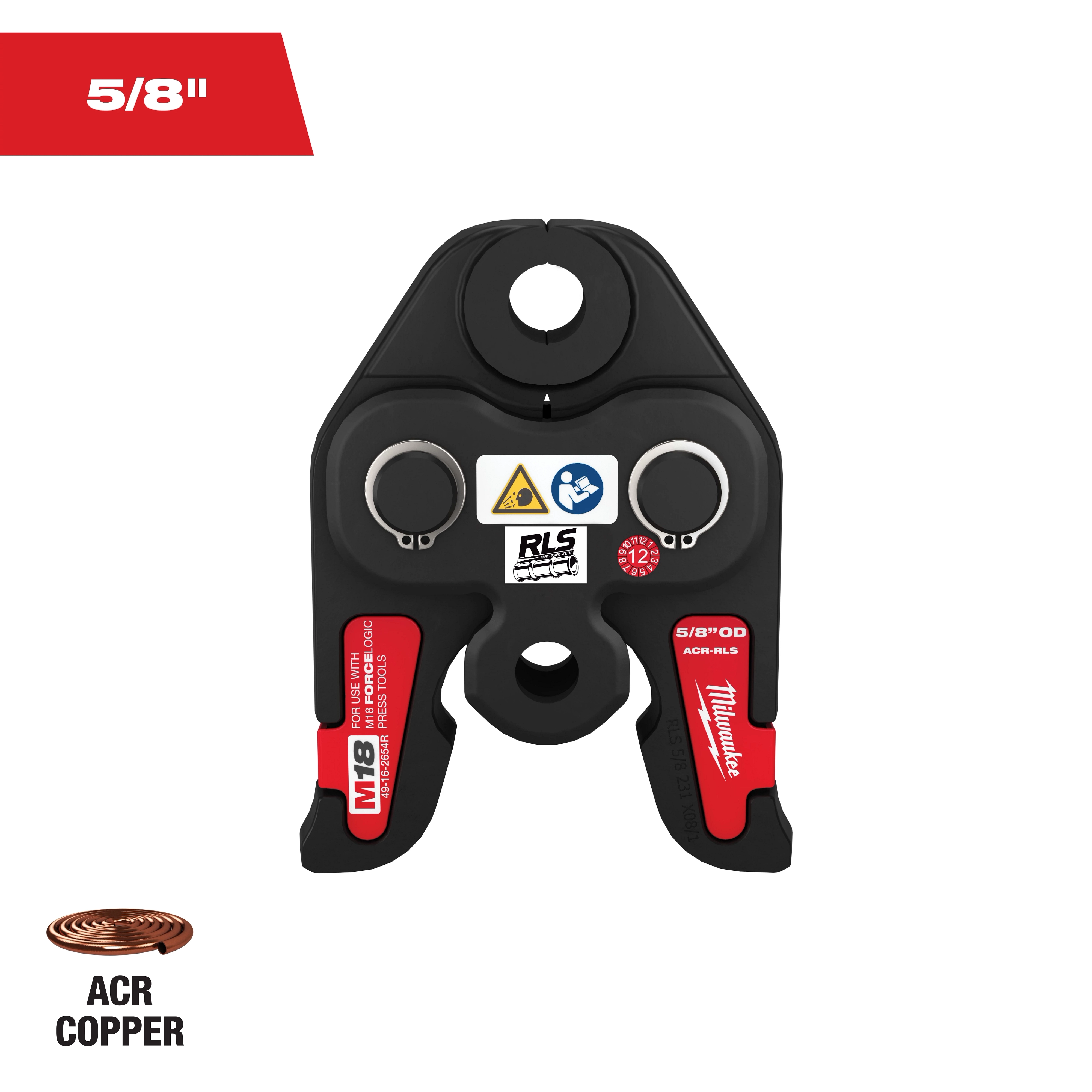 This image shows a black and red Milwaukee 5/8" pipe crimping tool for ACR copper pipes. The tool has a circular opening at the top for pipes, various logos, and warning signs on the front. The 5/8" specification and ACR copper pipe icon are highlighted.