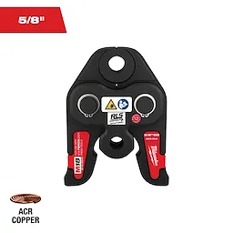This image shows a black and red Milwaukee 5/8" pipe crimping tool for ACR copper pipes. The tool has a circular opening at the top for pipes, various logos, and warning signs on the front. The 5/8" specification and ACR copper pipe icon are highlighted.