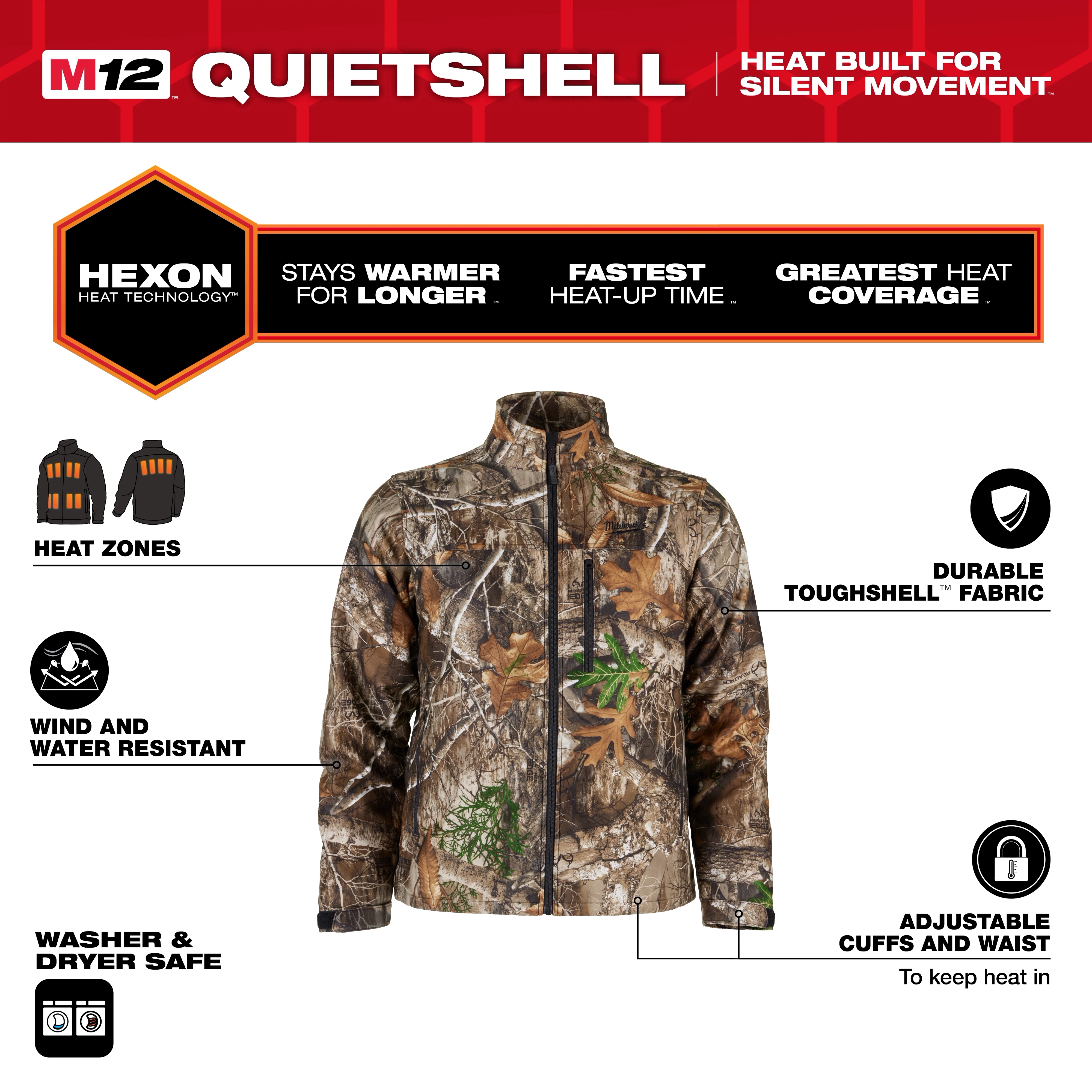 M12 Heated QUIETSHELL Jacket with Hexon Heat Technology features durable fabric, heat zones, wind/water resistance, and adjustable cuffs/waist.