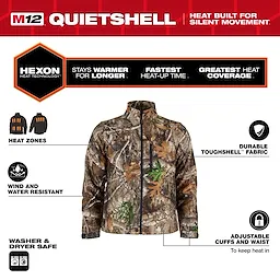 M12 Heated QUIETSHELL Jacket with Hexon Heat Technology features durable fabric, heat zones, wind/water resistance, and adjustable cuffs/waist.