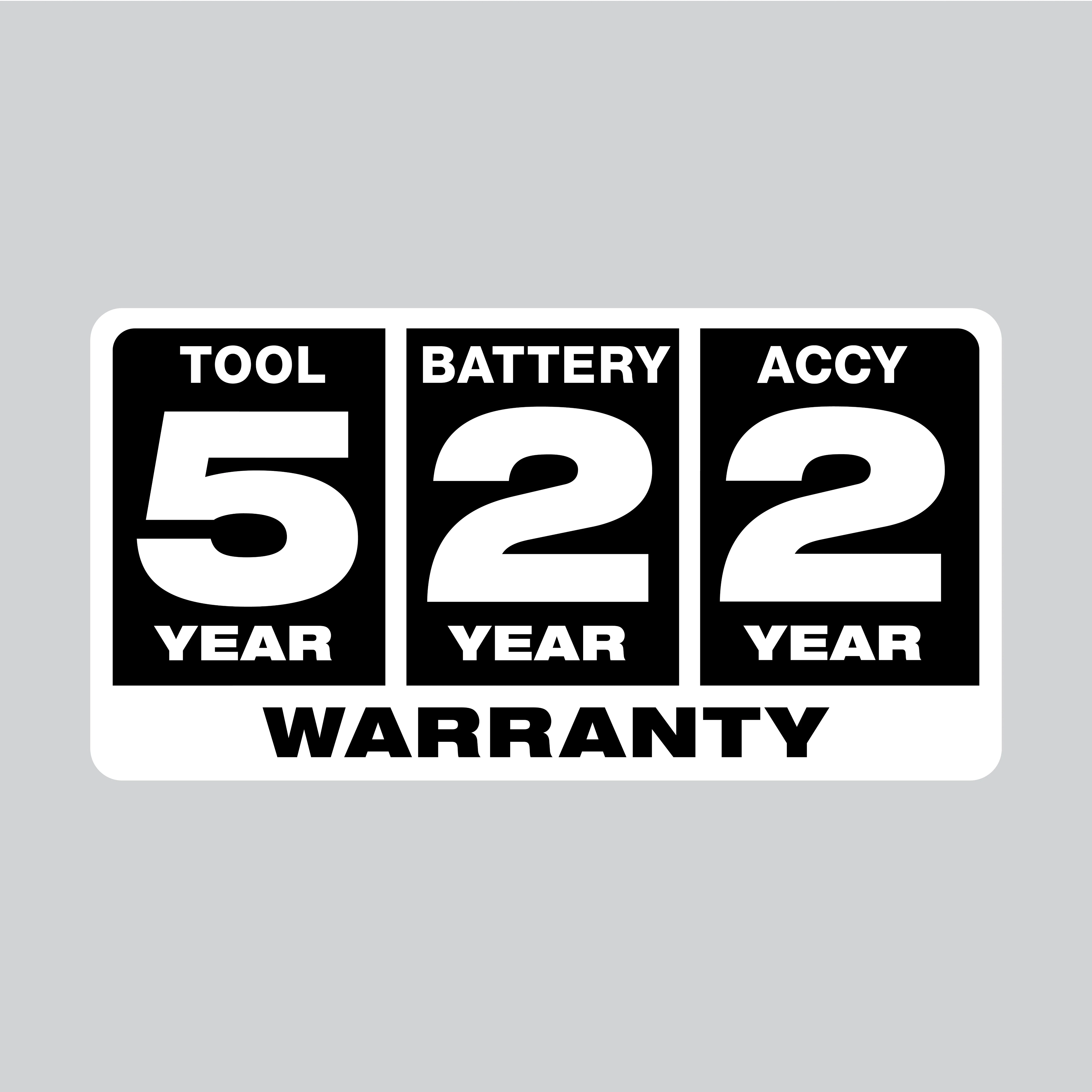 5 Year Tool, Year Battery & 2 Year ACCY Warranty