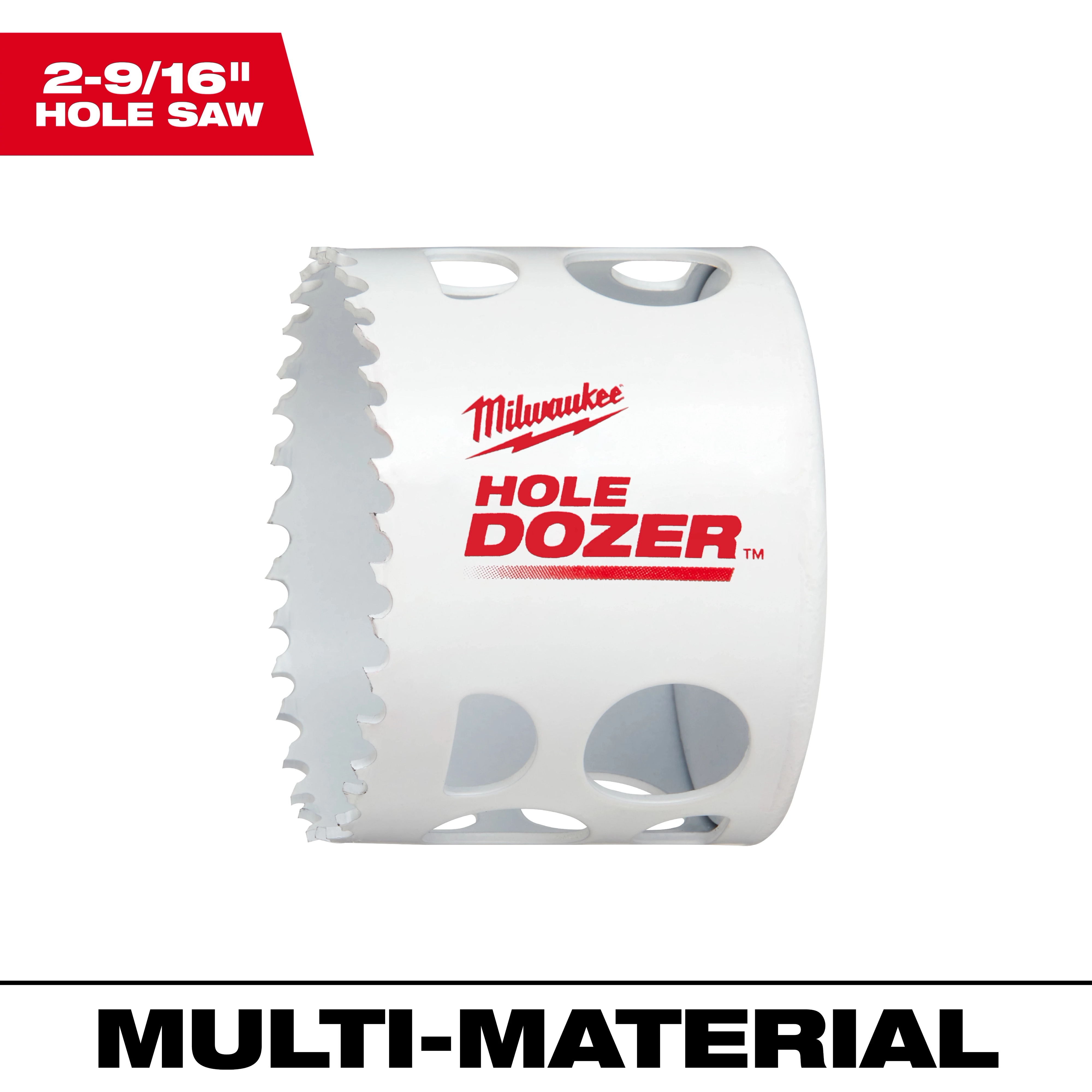 2-9/16" Hole Dozer Bi-Metal Hole Saw in white with jagged cutting edge, brand logo, and text "MULTI-MATERIAL" below.