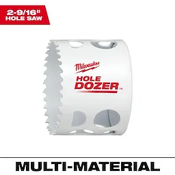 2-9/16" Hole Dozer Bi-Metal Hole Saw in white with jagged cutting edge, brand logo, and text "MULTI-MATERIAL" below.