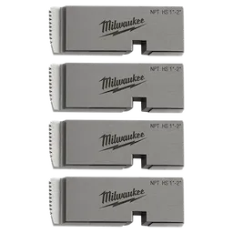 Four Milwaukee 1"-2" HIGH-SPEED NPT Universal Pipe Threading Dies, each labeled "Milwaukee NPT HS 1"-2"", are stacked vertically.
