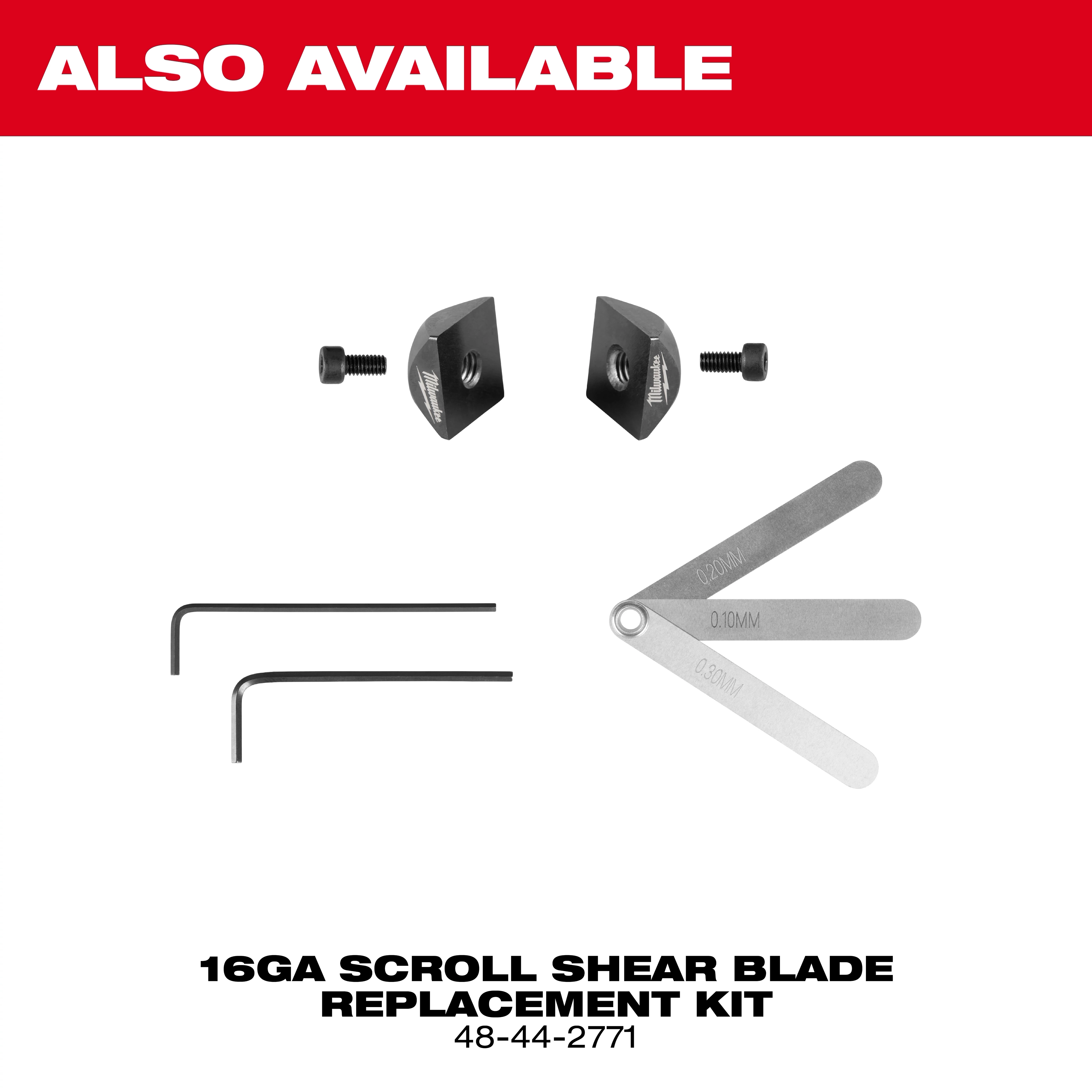 Replacement kit for M12 FUEL 16 Gauge Scroll Shear with blades, screws, hex keys, and gauge leaves.