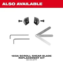 Replacement kit for M12 FUEL 16 Gauge Scroll Shear with blades, screws, hex keys, and gauge leaves.