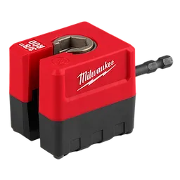 The SHOCKWAVE™ Impact Duty 3/8" Threaded Rod Nut Runner is red and black with a hexagonal rod opening at the top. It features the Milwaukee logo printed in white on the side and has a black bit attached at the back for operational use.