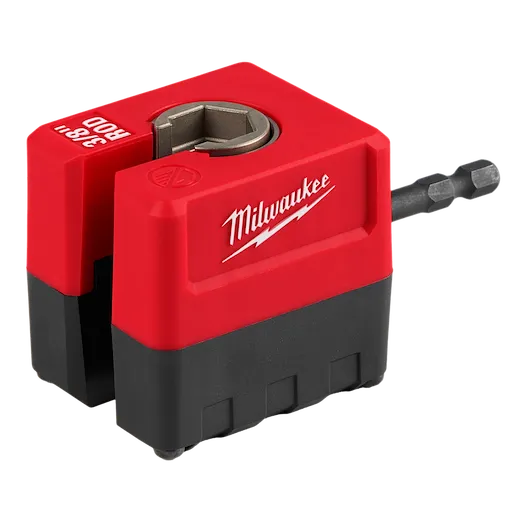 The SHOCKWAVE™ Impact Duty 3/8" Threaded Rod Nut Runner is red and black with a hexagonal rod opening at the top. It features the Milwaukee logo printed in white on the side and has a black bit attached at the back for operational use.