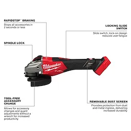 The image features the Milwaukee M18 FUEL™ 4-1/2"-6" Braking Grinder with a slide switch. Key features include RapidStop™ Braking, Spindle Lock, Tool-Free Accessory Change, Removable Dust Screen, and Locking Slide Switch. It has a red and black design and is cordless.