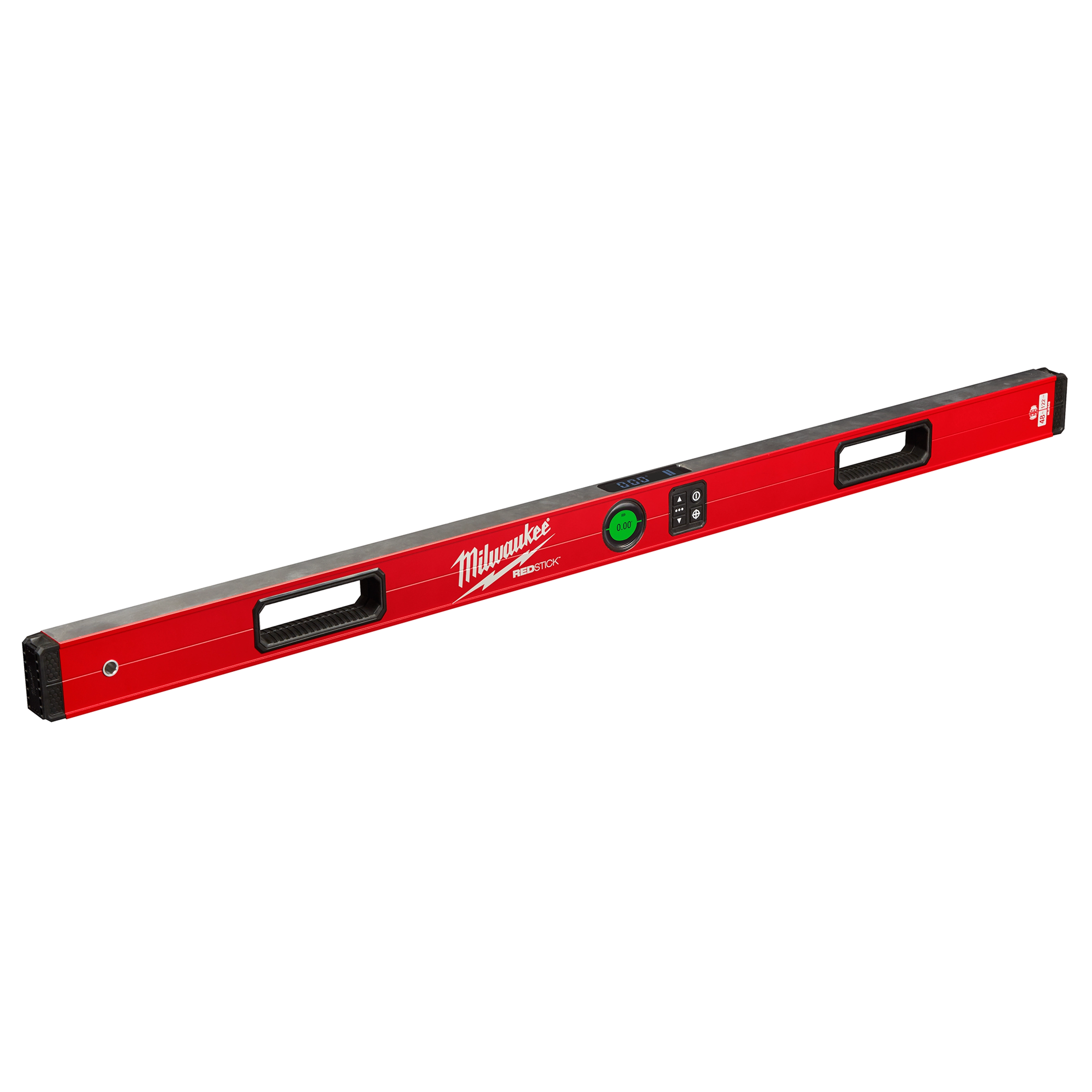 Milwaukee REDSTICK Digital Level with PINPOINT Measurement Technology, featuring a red body, two handles, and a digital display.