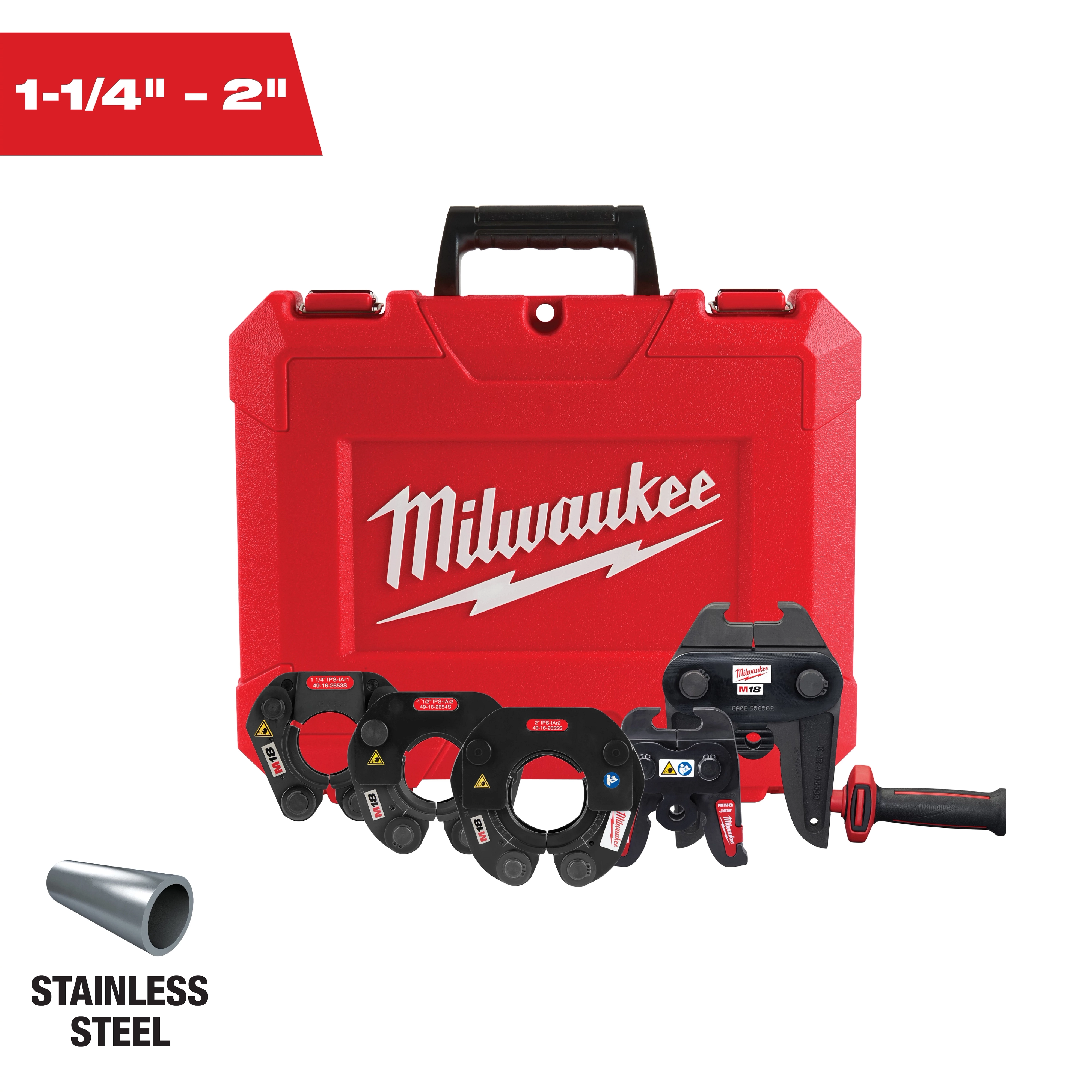 This image shows a red Milwaukee tool case with a handle, labeled "Milwaukee." In front of the case are various size clamp tools, ranging from 1-1/4 inches to 2 inches. A stainless steel pipe and the text "STAINLESS STEEL" are visible in the lower left corner.