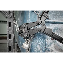 30" Bolt Cutter cutting through a thick metal chain with a padlock, showcasing its strength and cutting ability.