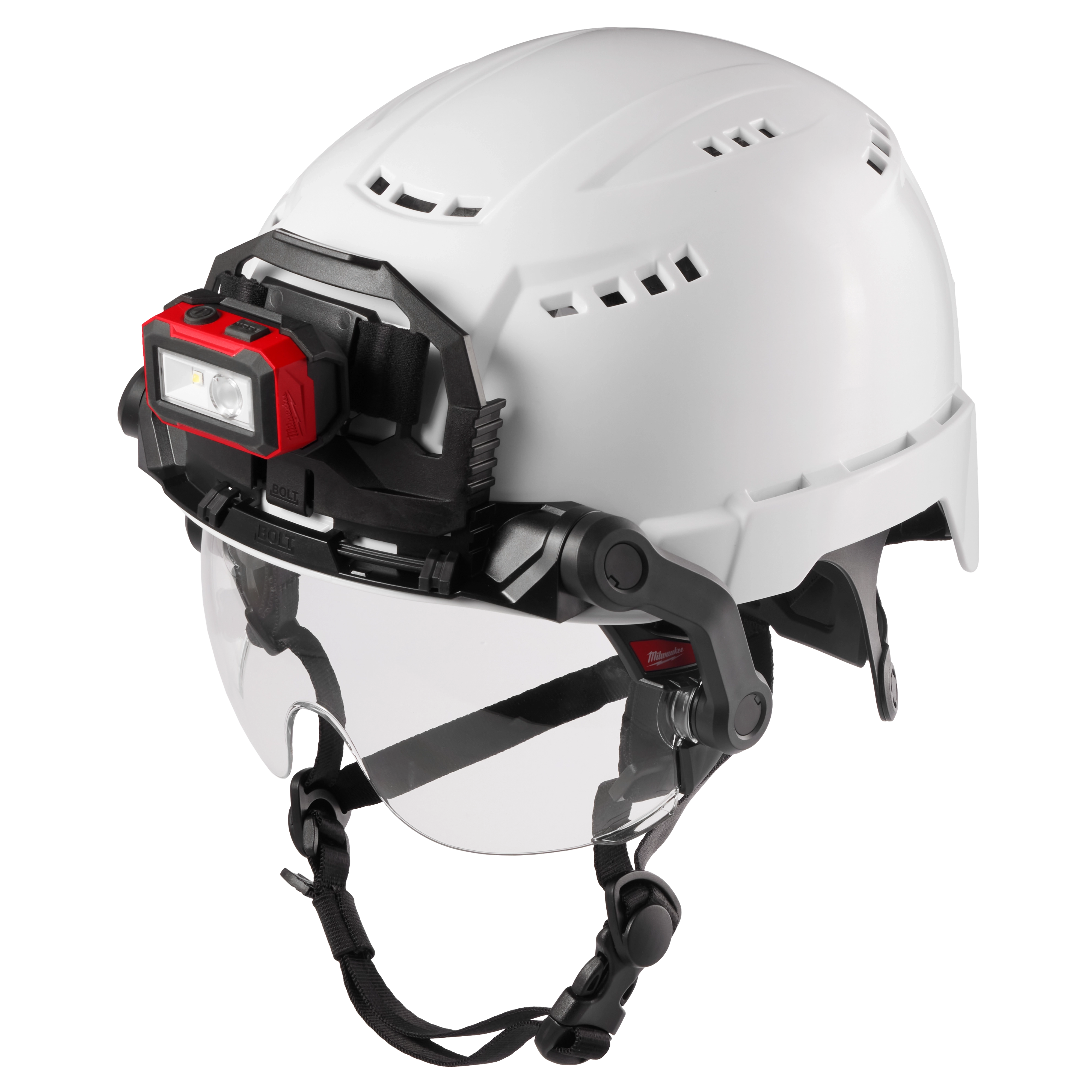 BOLT Eye Visor Clear Coat Lens attached to a Milwaukee Safety Helmet