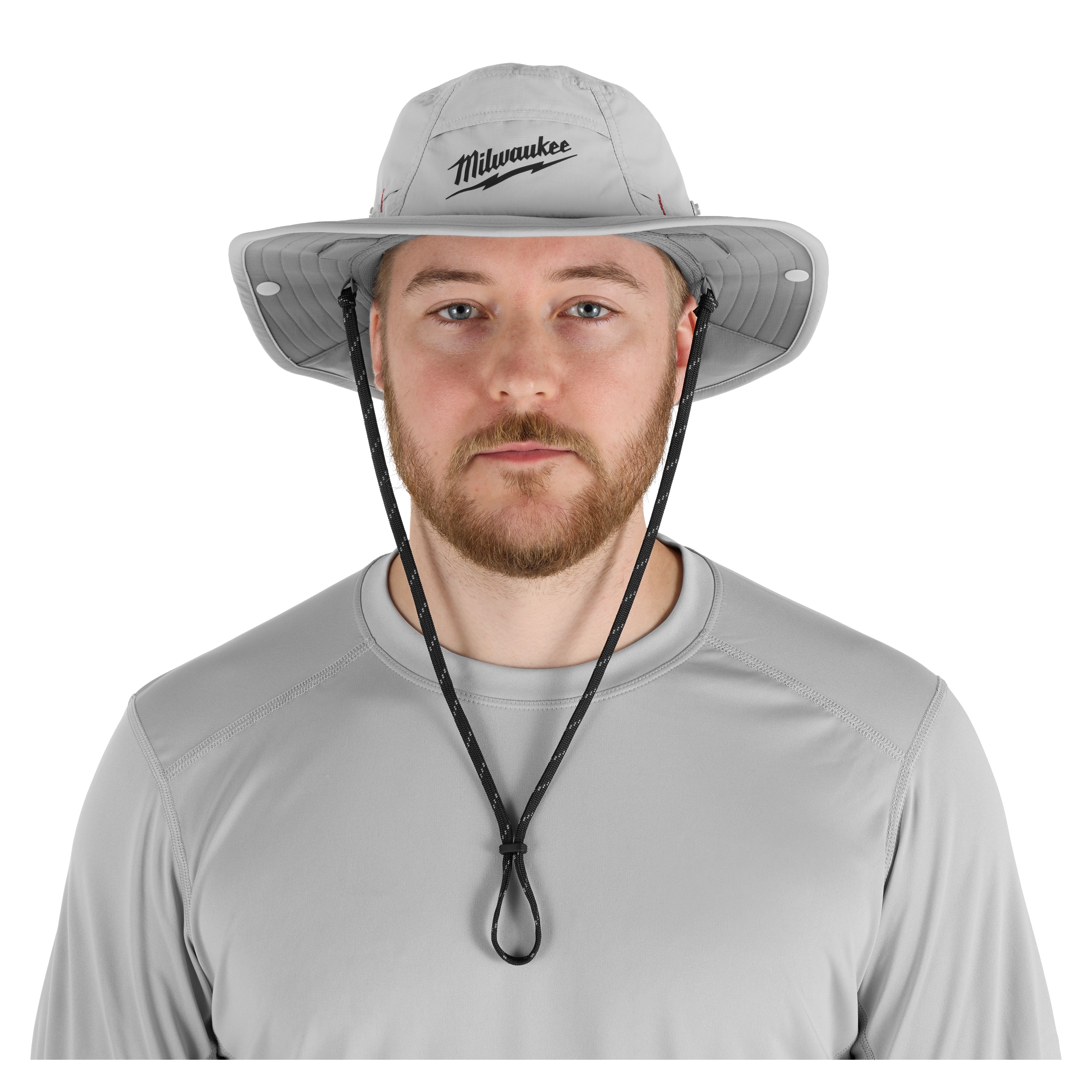The WORKSKIN Sunshade Hat is light gray, featuring a wide brim for sun protection and an adjustable chin strap for secure fitting.