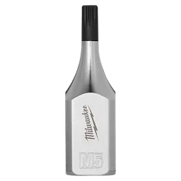 The image displays a Milwaukee 3/8" Drive 5mm Triple Square Bit Socket. It has a silver body with "Milwaukee" and "M5" labeled on it. The bit socket is designed for use with specific automotive and industrial fasteners.