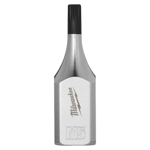 The image displays a Milwaukee 3/8" Drive 5mm Triple Square Bit Socket. It has a silver body with "Milwaukee" and "M5" labeled on it. The bit socket is designed for use with specific automotive and industrial fasteners.