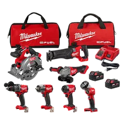 The M18 FUEL™ 7 PC Combo Kit includes seven cordless power tools such as a circular saw, reciprocating saw, grinder, impact driver, hammer drill, impact wrench, and work light. Accessories include two red and black tool bags, batteries, and a charger. All tools feature the brand's logos and colors.