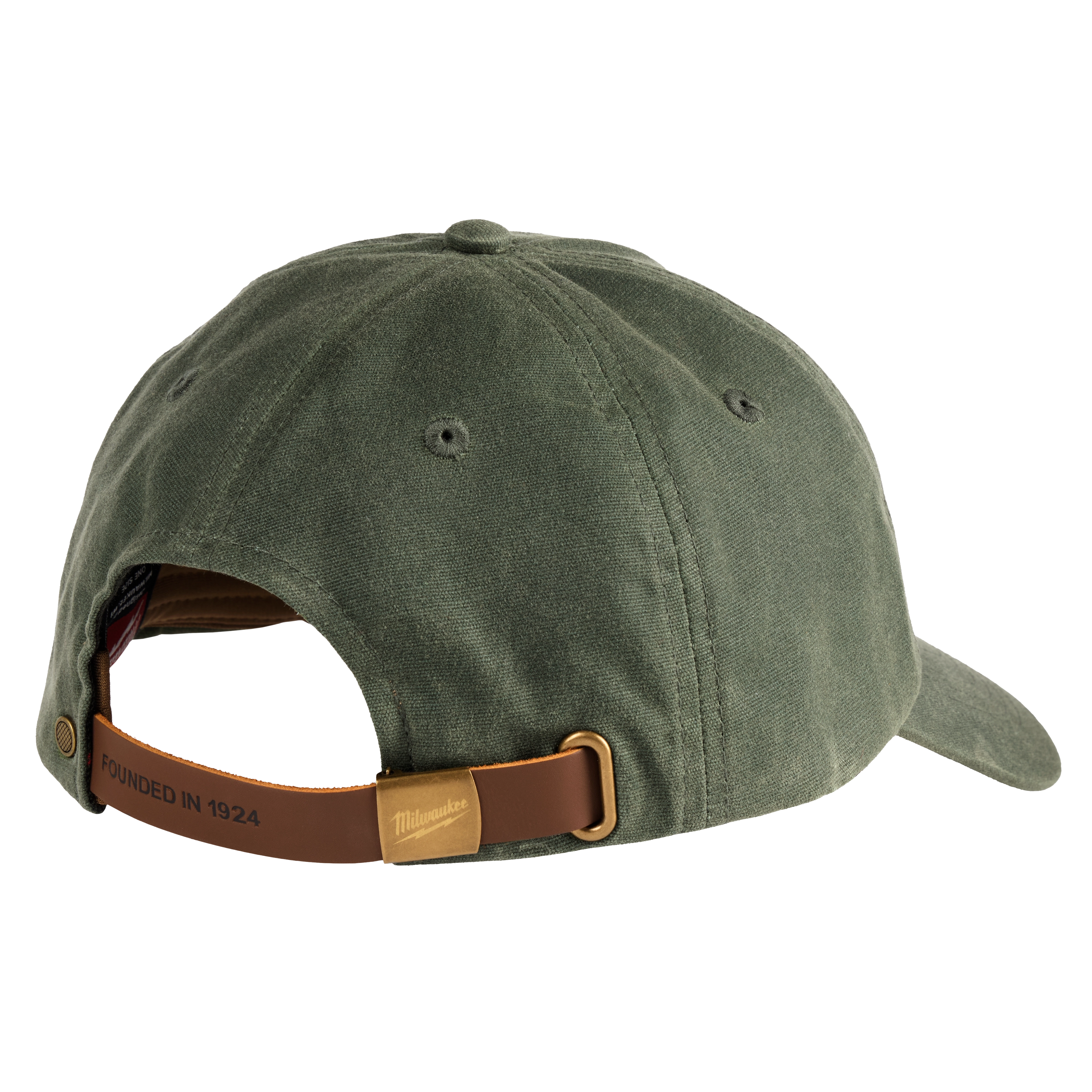 Green Waxed Canvas Adjustable Hat with a brown strap and buckle engraved with "Founded in 1924". Brand logo on the buckle.