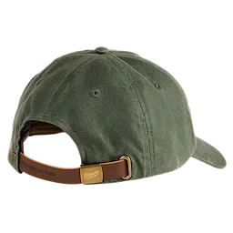 Green Waxed Canvas Adjustable Hat with a brown strap and buckle engraved with "Founded in 1924". Brand logo on the buckle.