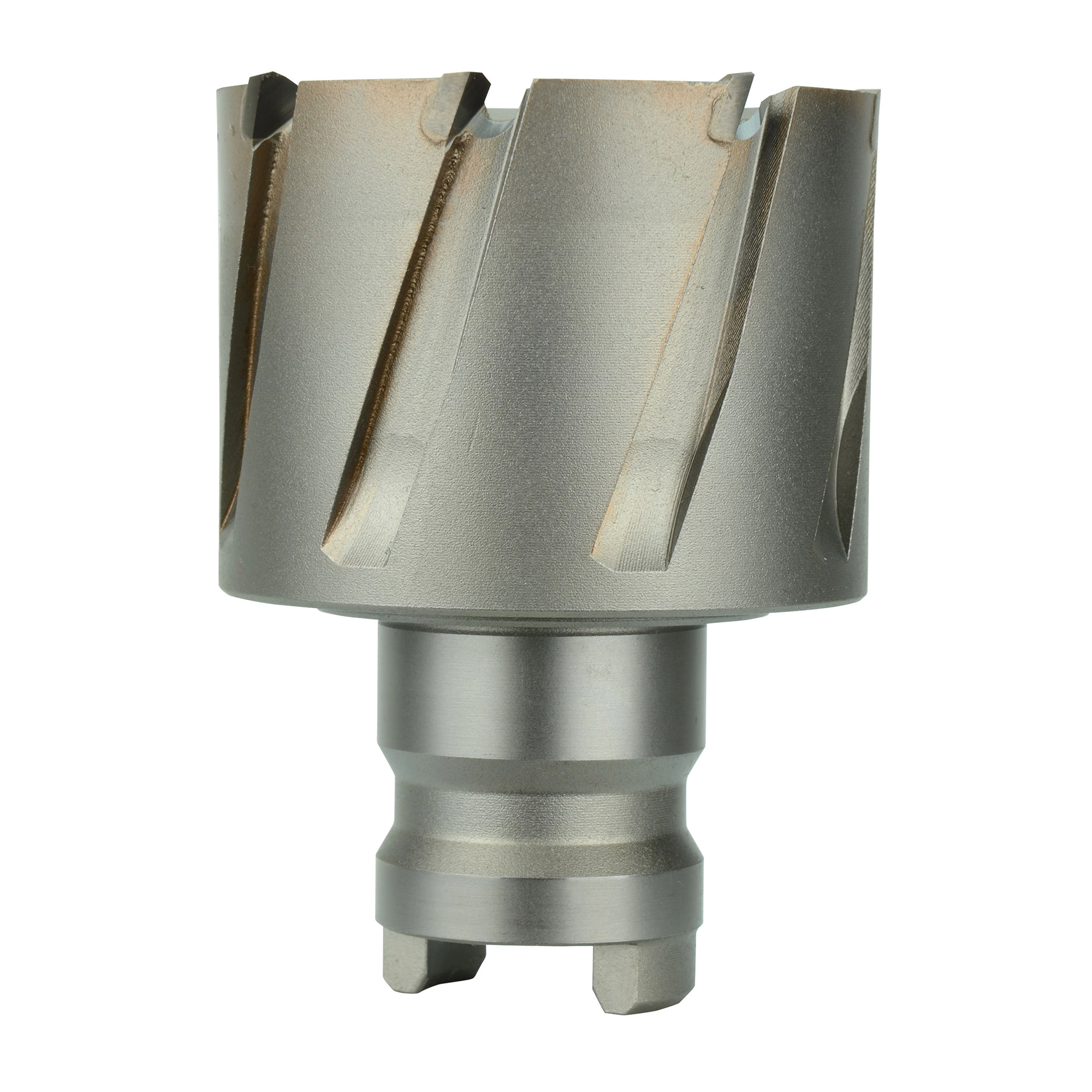 2%22 Quick Change Tang Drive Steel Hawg Cutter 49-57-2002 is a steel cutting tool with a cylindrical body, featuring sharp, spiral cutting edges and a quick-change tang drive at the base for easy attachment. It is designed for efficient and precise cutting in steel materials.