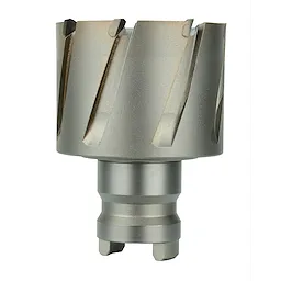 2%22 Quick Change Tang Drive Steel Hawg Cutter 49-57-2002 is a steel cutting tool with a cylindrical body, featuring sharp, spiral cutting edges and a quick-change tang drive at the base for easy attachment. It is designed for efficient and precise cutting in steel materials.