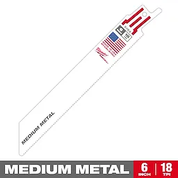 Milwaukee Sawzall 6-inch blade designed for cutting medium metal, featuring 18 teeth per inch (TPI). The blade is white with red and black printing, including an American flag, and is labeled "Made in USA." The words "Medium Metal" are printed near the tip.