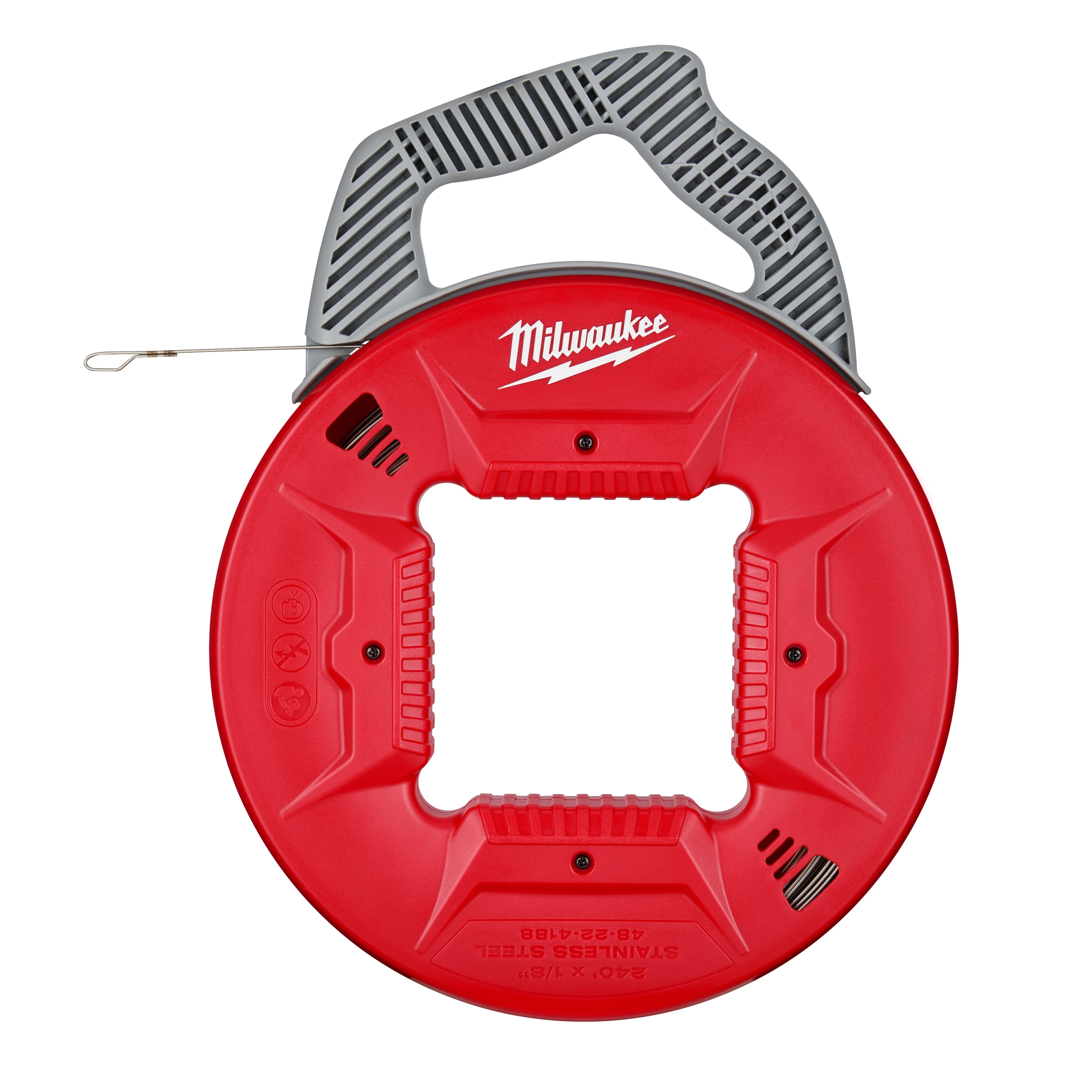 240' 1/8" Stainless Steel Fish Tape with a red circular case and a black handle. The wire protrudes from the case.