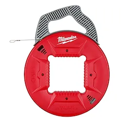 240' 1/8" Stainless Steel Fish Tape with a red circular case and a black handle. The wire protrudes from the case.