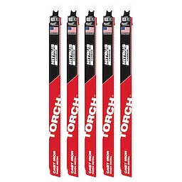 Five 12” 8 TPI TORCH™ with NITRUS™ Carbide SAWZALL® Blades for Cast Iron, neatly arranged, with red and black design, and "TORCH" prominently displayed. Each blade is labeled "NITRUS CARBIDE" and "CAST IRON THICK METAL." Packaged in a group of five.