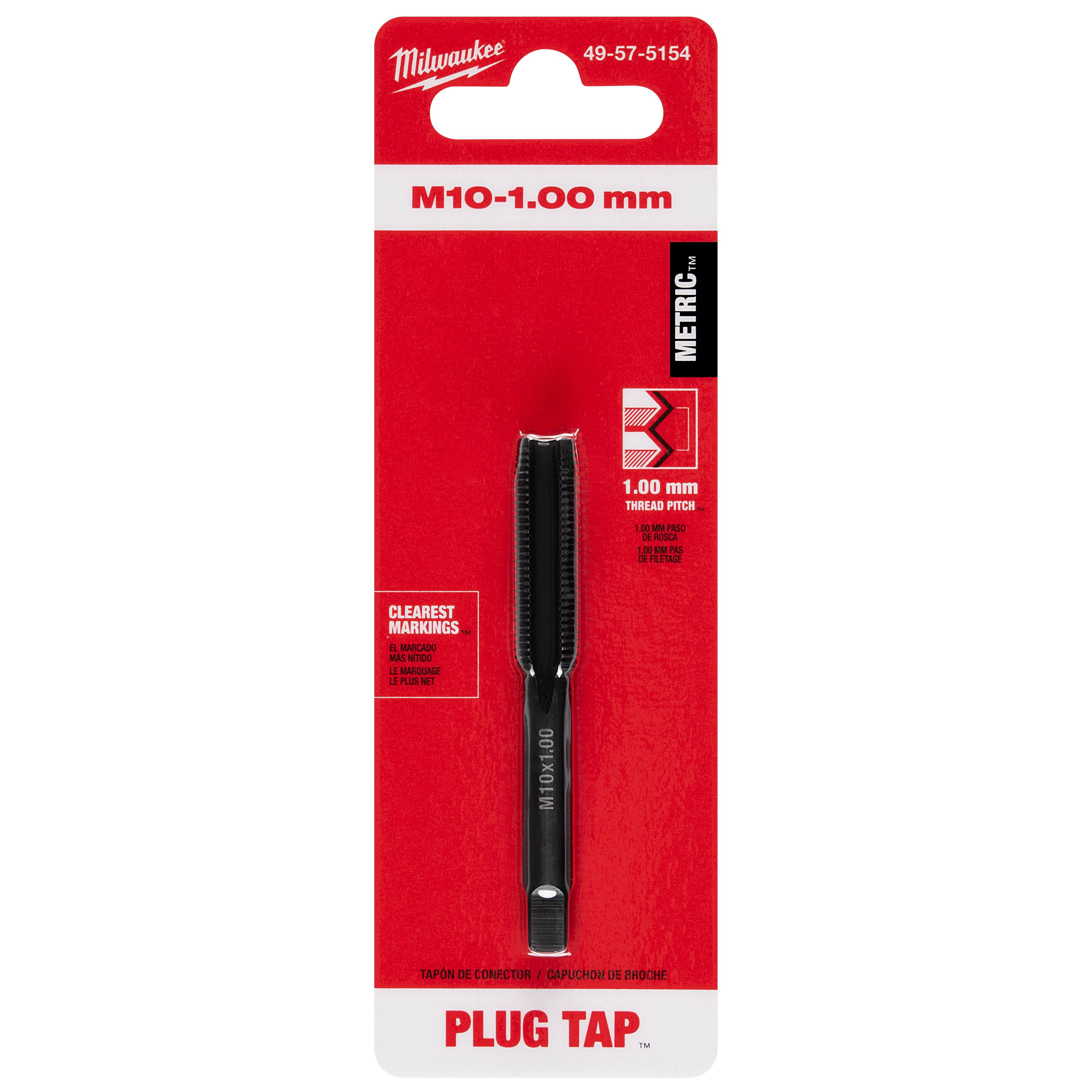 M10-1.00 mm Straight Flute Plug Tap in black color with a 1.00 mm thread pitch, displayed on a red and white packaging.