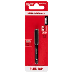 M10-1.00 mm Straight Flute Plug Tap in black color with a 1.00 mm thread pitch, displayed on a red and white packaging.