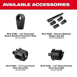 Accessories for the M12 FUEL 1/4" Extended Reach Ratchet and M12 FUEL 1/4" Extended Reach Ratchet Kit displayed.