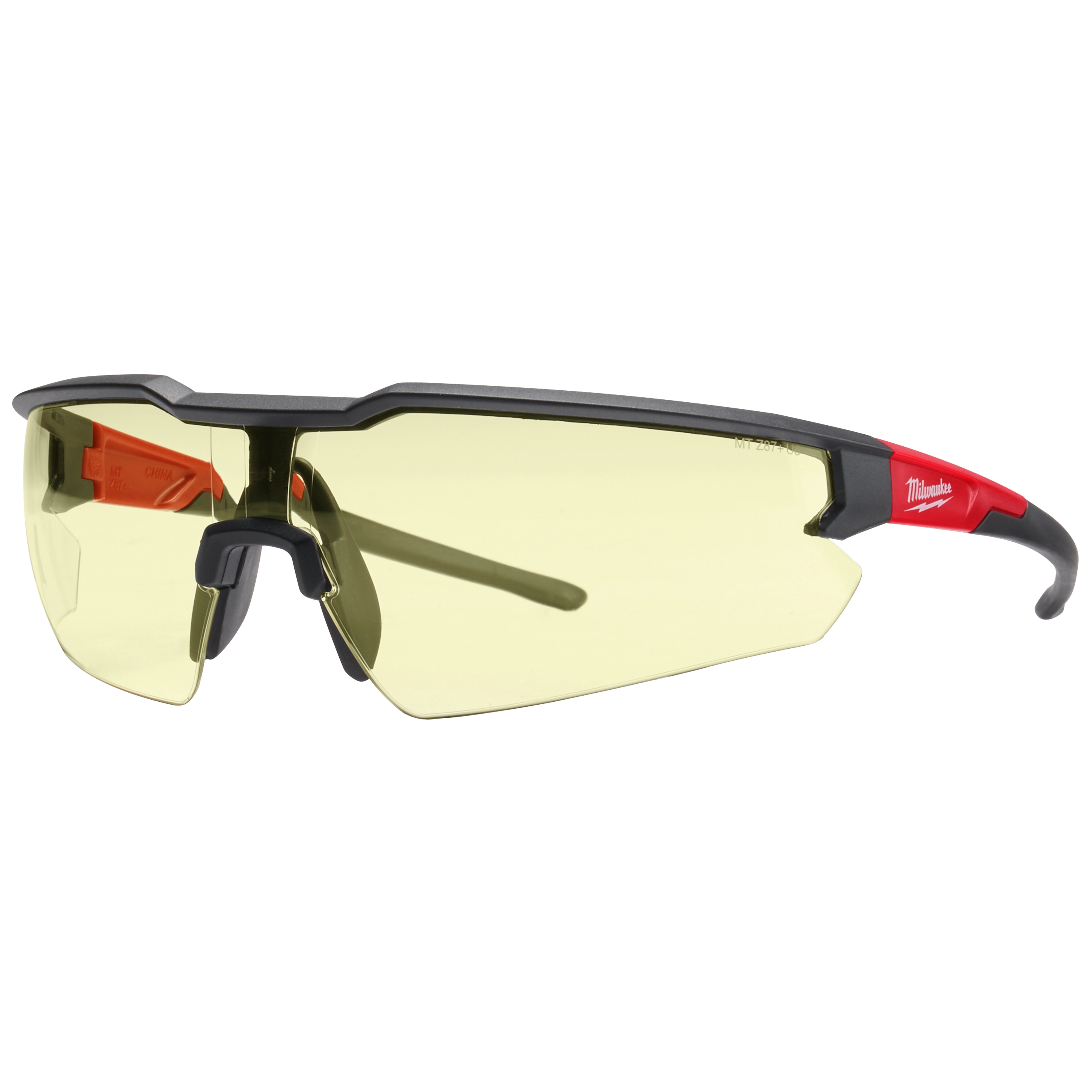 Safety Glasses - Yellow Fog-Free Lenses with black frame and red accents. The lenses are tinted yellow for enhanced visibility.
