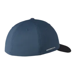 Blue WORKSKIN Performance Fitted Hat with small ventilation holes and black brim, viewed from the back right side.